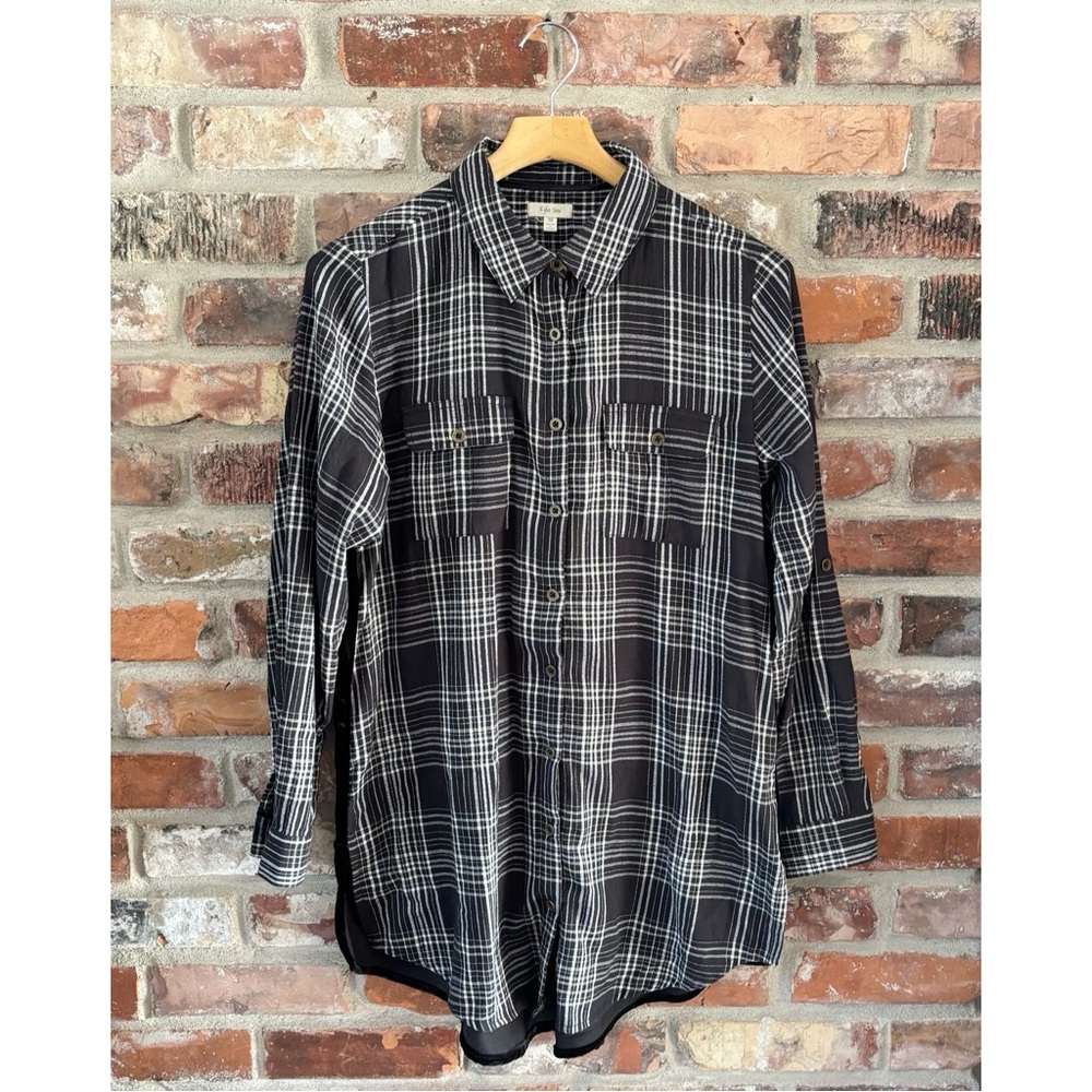 Kyla Seo Black Plaid Velvet Embroidered Button Up Tunic Long Sleeve Shirt Top, M